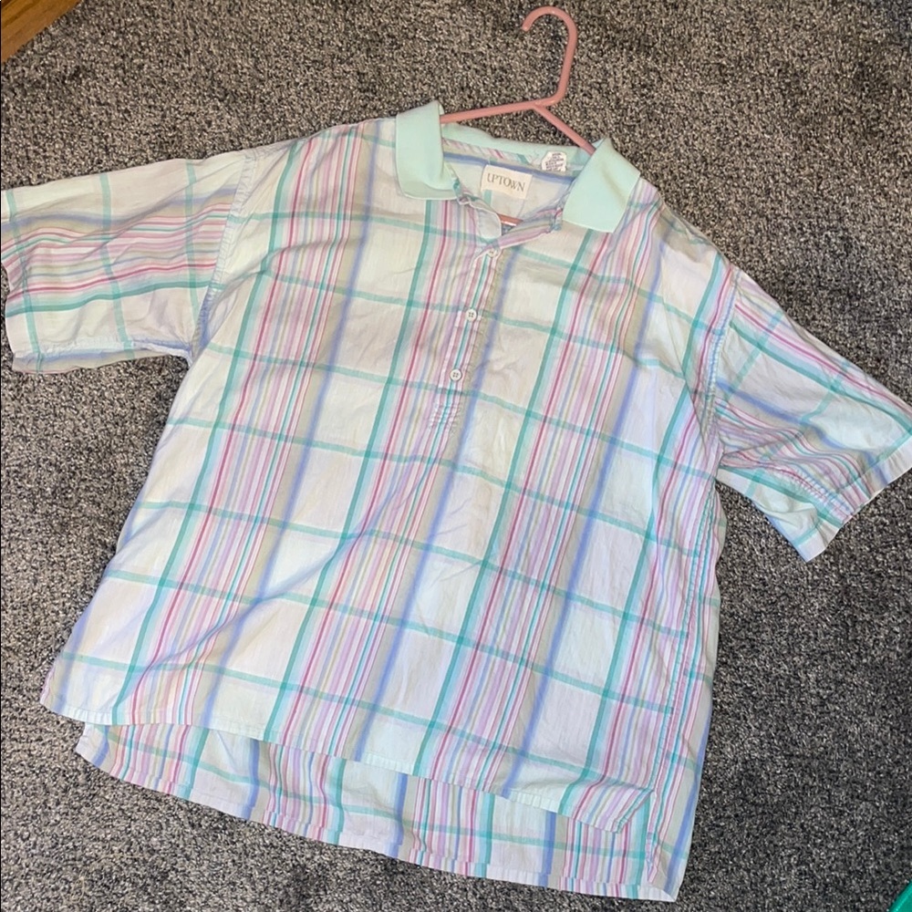 Pink and Green Casual Polo Top